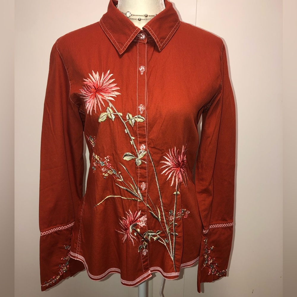 Johnny Was Rust Floral Embroidered Button-Down Shirt